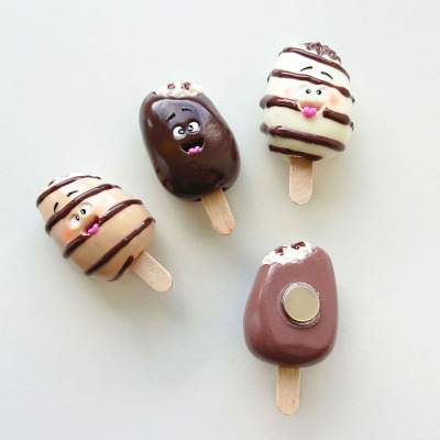 The CHOCO magnets are made of FIMO clay with a strong neodymium magnet on the back