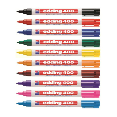 You get one of each Edding 400 marker color in this package: Red, Yellow, Green, Blue, Pink, Purple, Brown, Orange, light Blue and Black (of course).