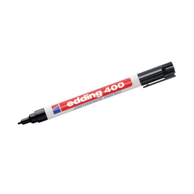 Black permanent marker from the Edding 400 collection. Use this marker for paper, cardboard, metal, glass, plastic, stone and similar surfaces.
