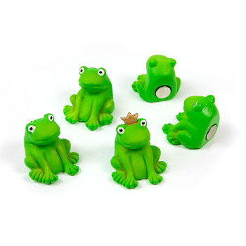 Kiss the frog - but don't eat is as magnets are dangerous to swallow! Package of 5 frog magnets - one with a golden crown on the head.