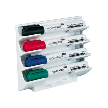 Board marker holder from Legamaster for 4 board markers. This pen holder ensures that your markers are always within reach and stored horizontal to keep them from drying out.