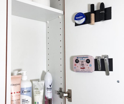 Here, we have used the 50mm magnetic tape in our bathroom for hanging up personal items - metal accessories will hang magnetically and other things can hang with a small magnet on the backside against the magnetic foil