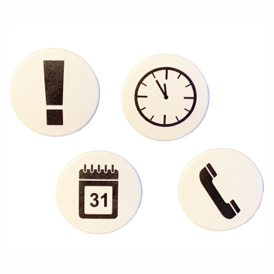 ON TIME magnets are symbol magnets for the office. Each symbol will make it easy to spot a task on the office board.