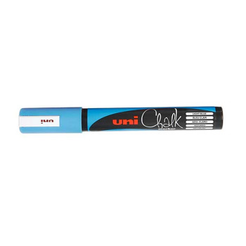 This is a light blue chalk marker in medium size. You can write both thin and thick line with the same marker. Great for glass and other smooth surfaces. Also for outdoor signs. 