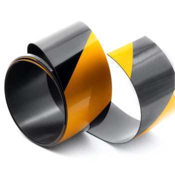 Magnetic caution tape with yellow and black stripes, delivered in 5 meter rolls