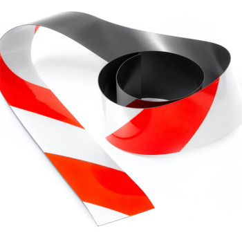 Caution tape with red and white stripes for magnetic marking places where caution is needed.