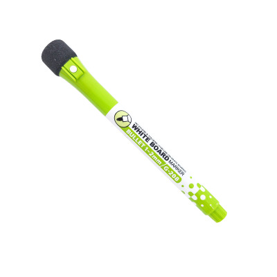 Smart magnetic board marker with a cap that has both a strong magnet and a board marker eraser. This one is green