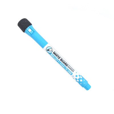 Smart magnetic board marker with a cap that has both a strong magnet and a board marker eraser. This one is blue.