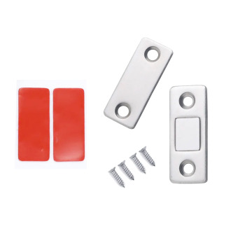 Magnetic lock set in silver, containing both magnetic parts, countersunk screws and self-adhesive glue pads