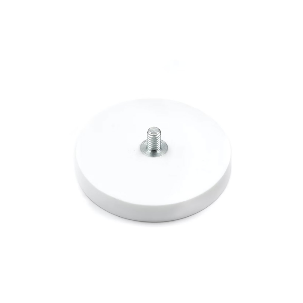 Rubber magnet (white) with external thread, Ø43 mm.